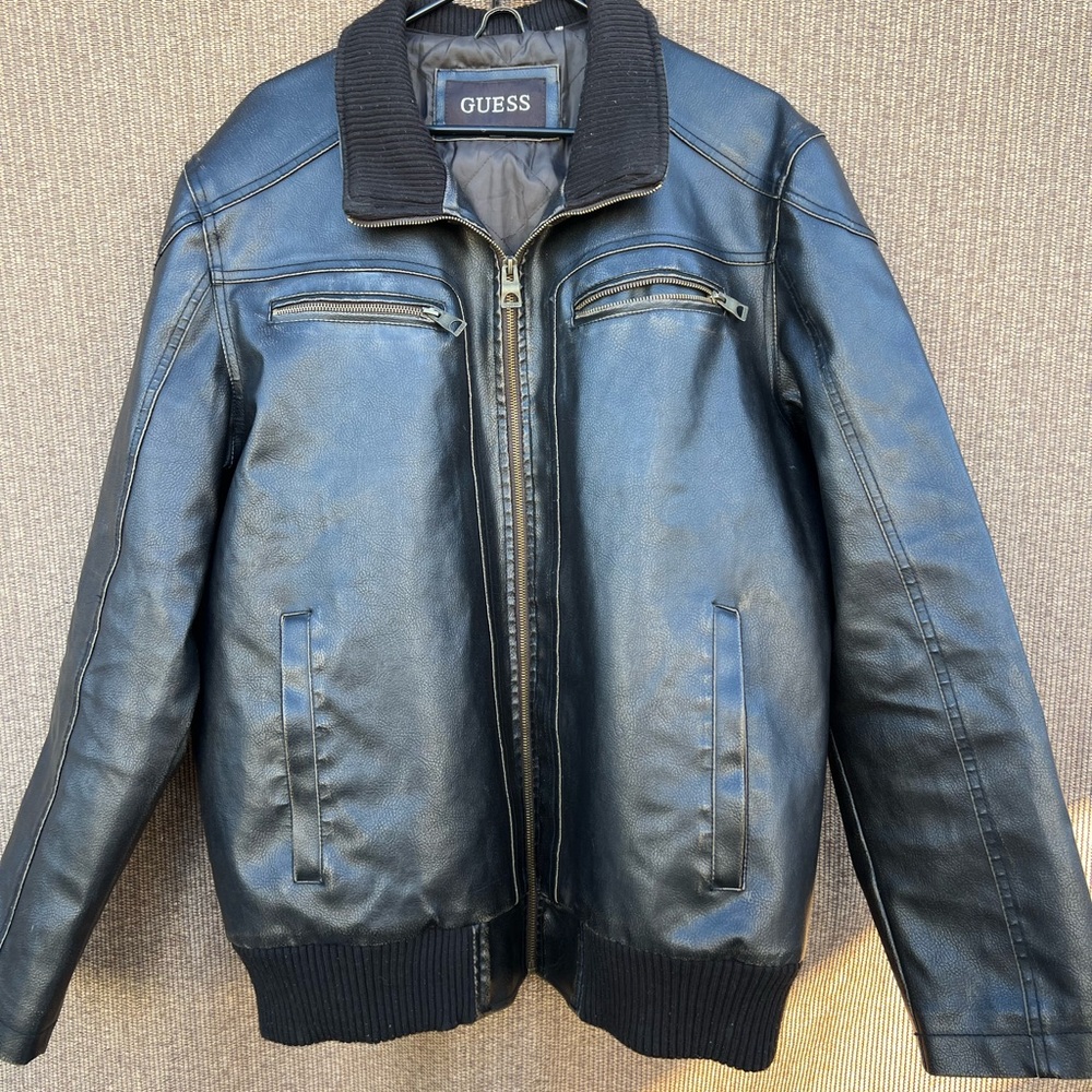 Guess Distressed faux Leather Bomber Jacket w/ Zip out Hoodie 2XL Brown